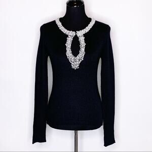 Vintage Zoe D black wool alpaca sweater pearl collar trim size Medium